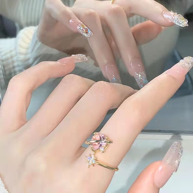 Cincin Model Terbuka Desain Hati Aksen Zirkon Warna Pink Untuk Wanita