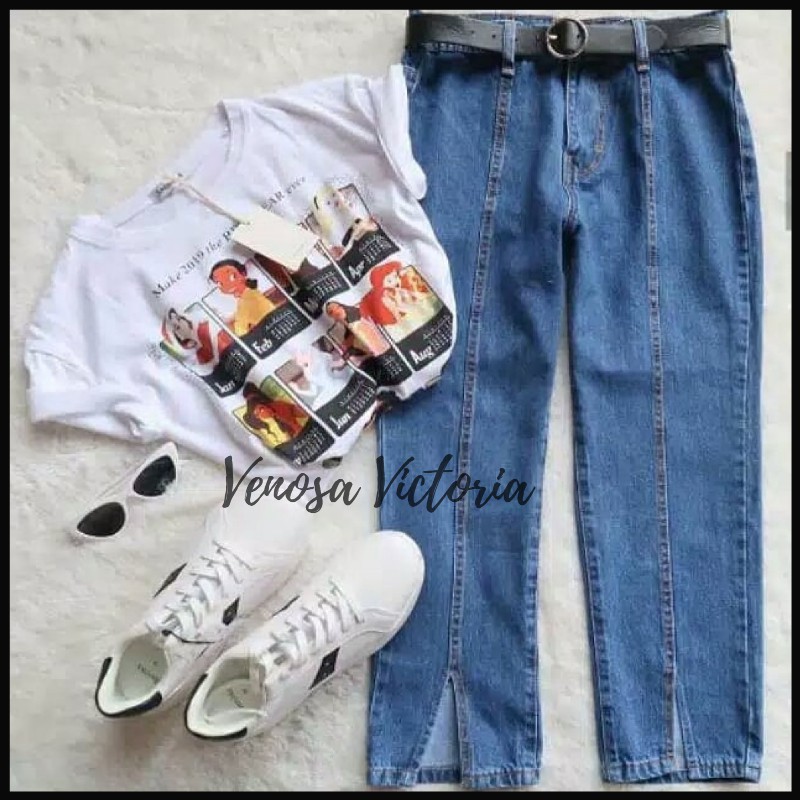 Boyfriend Jeans Slit Valeska Celana BF Wanita Belah Depan Bawah