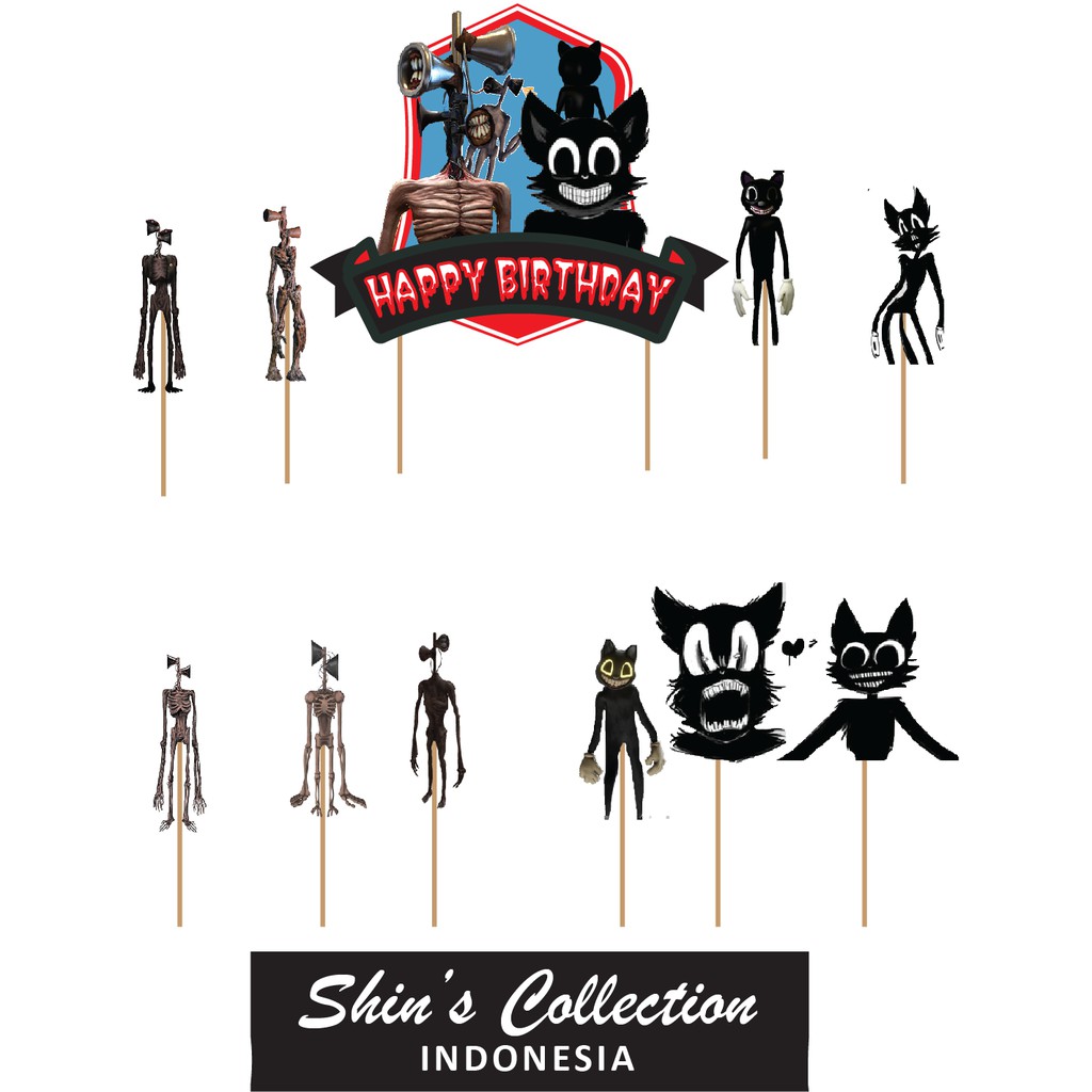 Cake topper siren head vs cartoon cat horror set isi 11 pcs