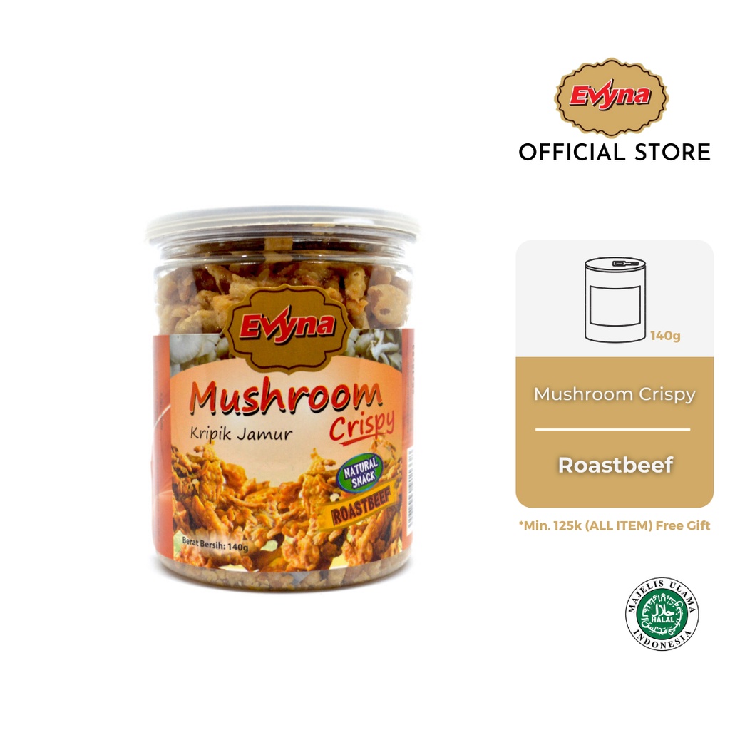 

Evyna Mushroom Chips / Keripik Jamur Krispi Rasa Roasted Beef Botol PET CAN 140g