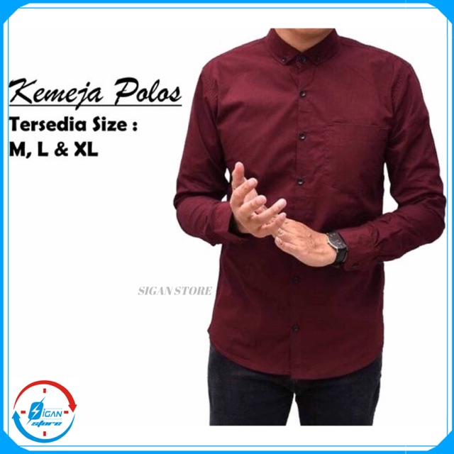 Kemeja Formal Pria Polos Lengan Panjang Bahan Katun - Maroon