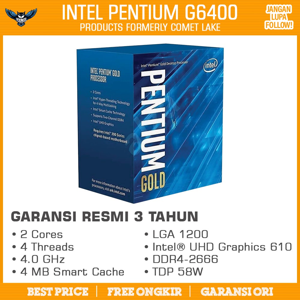 PROCESSOR INTEL PENTIUM GOLD G6400 BOX 4.0GHz LGA1200 GARANSI 3 TAHUN