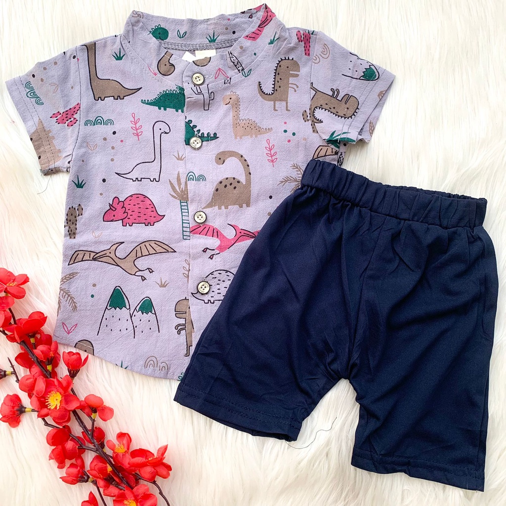 Baju setelan kemeja celana import lucu pergi jalan hangout fashion anak bayi cowok laki keren -imp jurassic