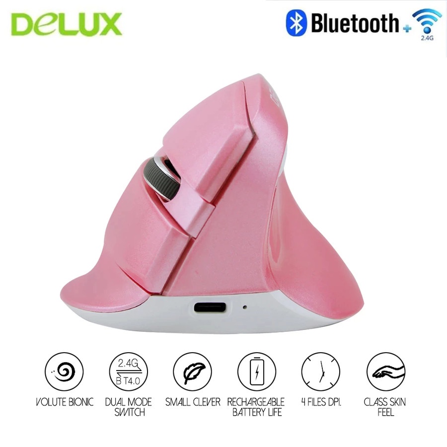 DELUX M618 Mini Pink Bluetooth + Wireless RGB Vertical Mouse Ergonomic