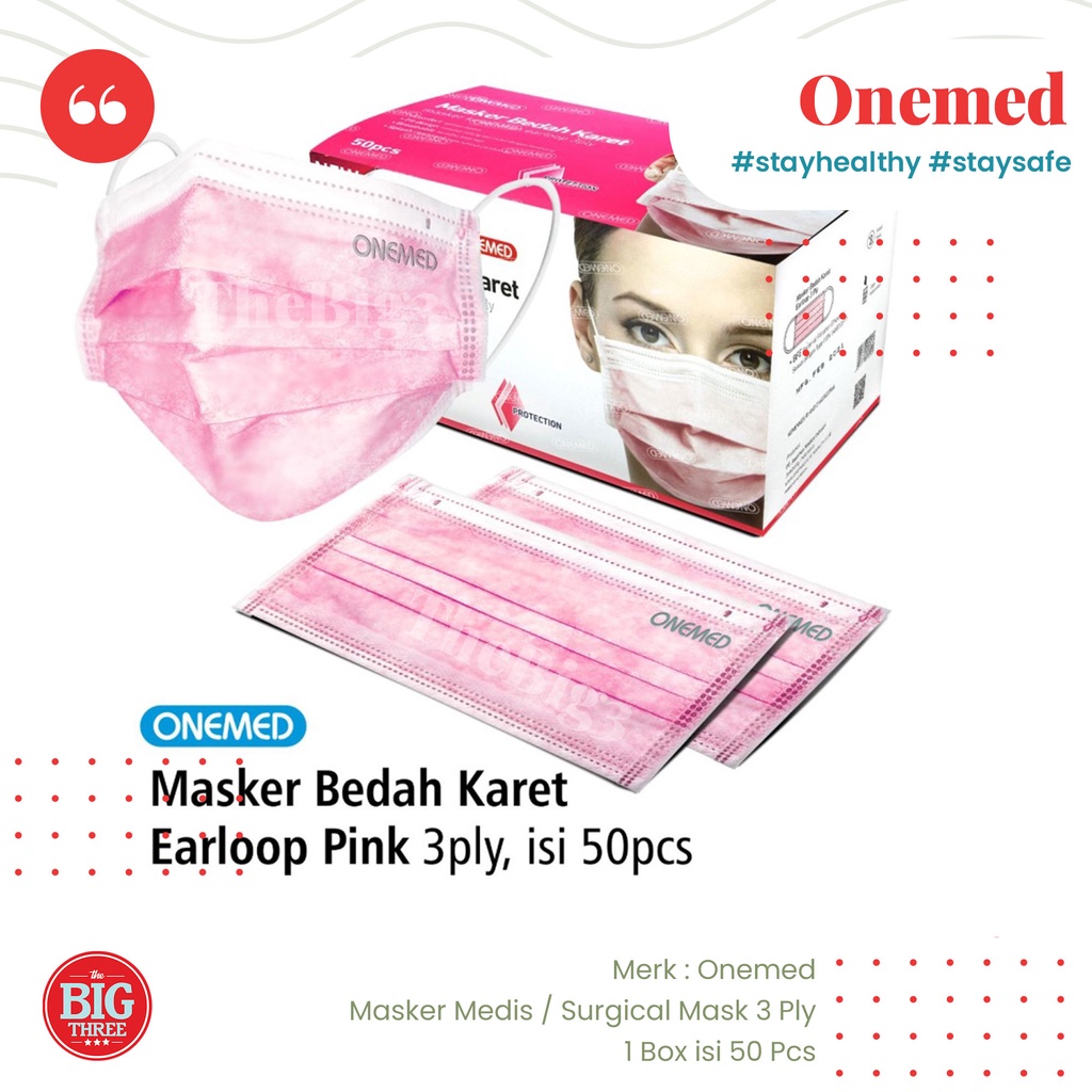 Masker Medis Karet Hijau 3 ply OneMed box 50pcs / Surgical Mask BFE PFE VFE 99 % One Med Acura - TBT