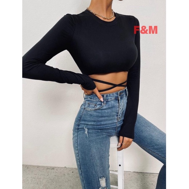 CROPTOP ATASAN BAJU CROP (FE-55) WANITA LENGAN PANJANG KOREA LEHER BULAT DENGAN TALI BISA ATUR SPANDEK PREMIUM KOREA BAJU CROP WANITA