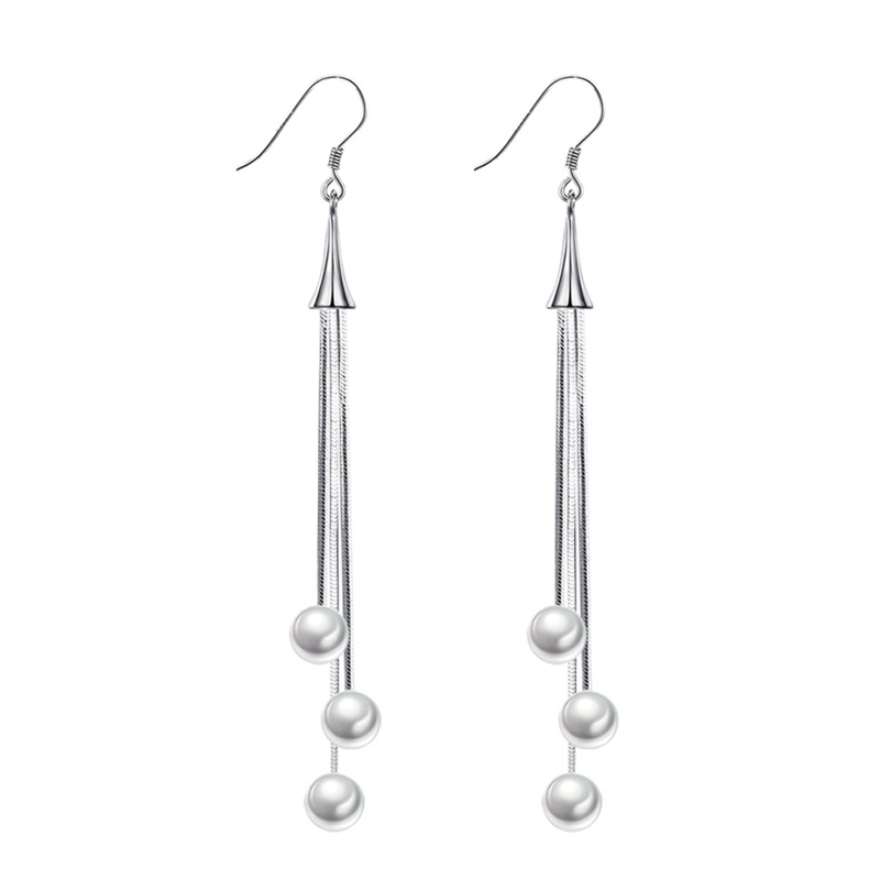 Anting Rantai Panjang Warna Silver Aksen Moonstone Gaya Korea Untuk Wanita