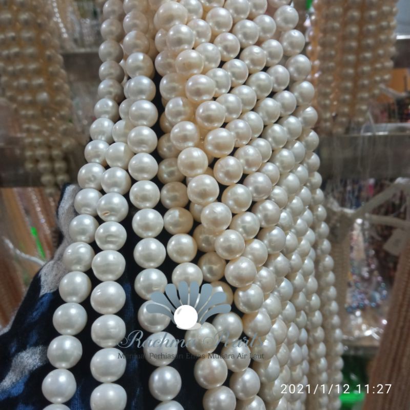 Kalung full mutiara kalung mutiara air tawar super asli lombok 40cm bentuk 6mm 7mm putih