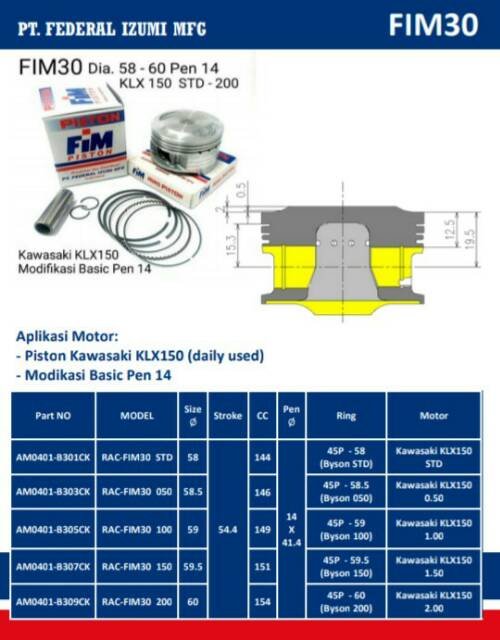 Piston kit FIM Kawasaki KLX - Dtracker 150 Standar Dia. 58 58.5 59 59.5 60 mm Pen Pin 14-1