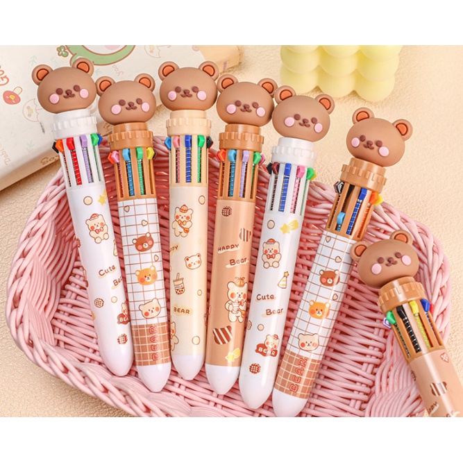 Bolpoin Warna BEAR 10 in 1 / Pulpen 10 Warna / Pena Warna 10in1 / Ballpoint Gel Pen Colorful / Pulpen Karakter Beruang 10 Warna / Pulpen Gel 0,5 mm