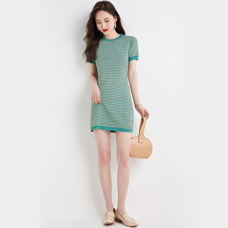 【Elegant】Summer Korean Striped Round Neck Mini Dress 7476