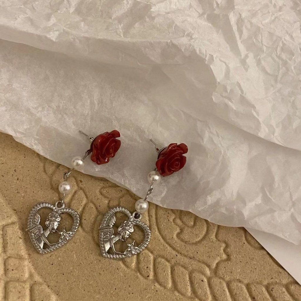 Anting Bentuk Bunga Mawar Warna Merah