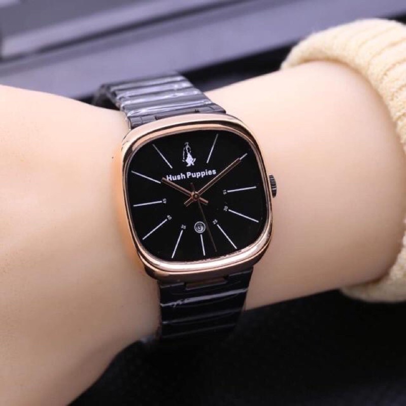 (GOOD QUALITY) Jam Tangan Wanita/Cewek Hush Puppies Segi Full Stainless Tanggal Aktif-C (BLACK-ROSEGOLD)