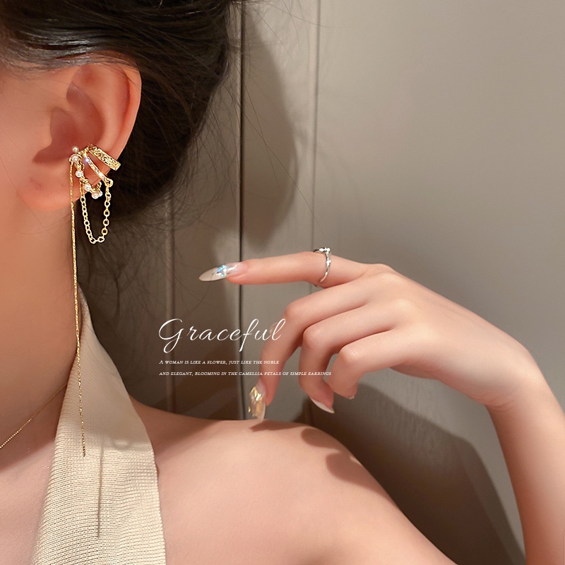 Korean Crystal Pearl Hoop Clip Earring Gold Silver Chain Ear Clips for Women Accessories Jewelry