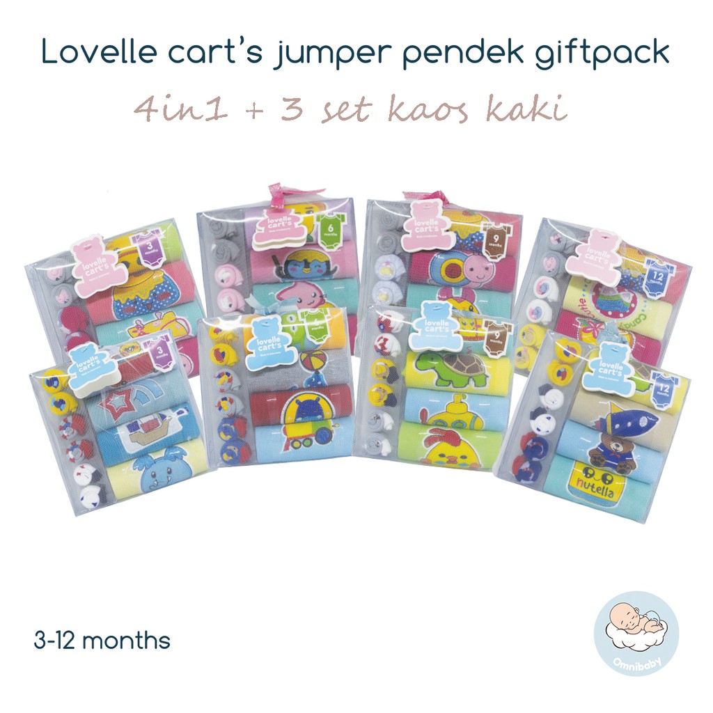 Lovelle cart's jumper pendek bayi laki/bayi perempuan giftpack 4in1 + 3 set kaos kaki ( 0-12 bulan)