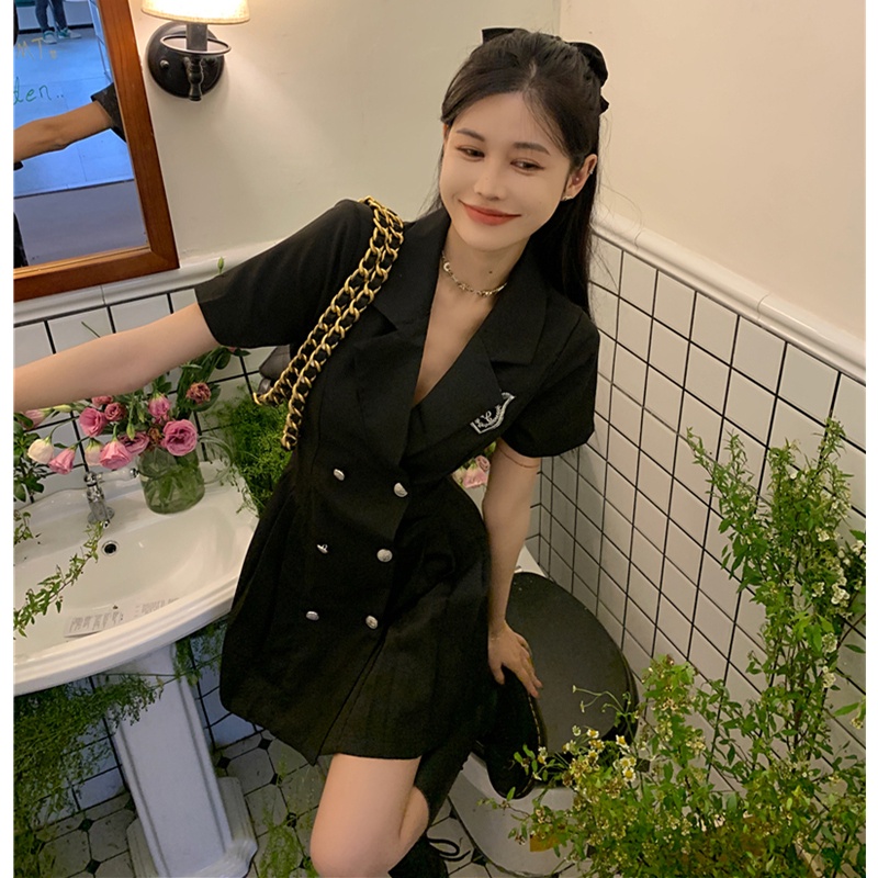 Mini Dress hitam lengan pendek jas gaun wanita musim panas a-line busur pinggang desain ceruk pelang