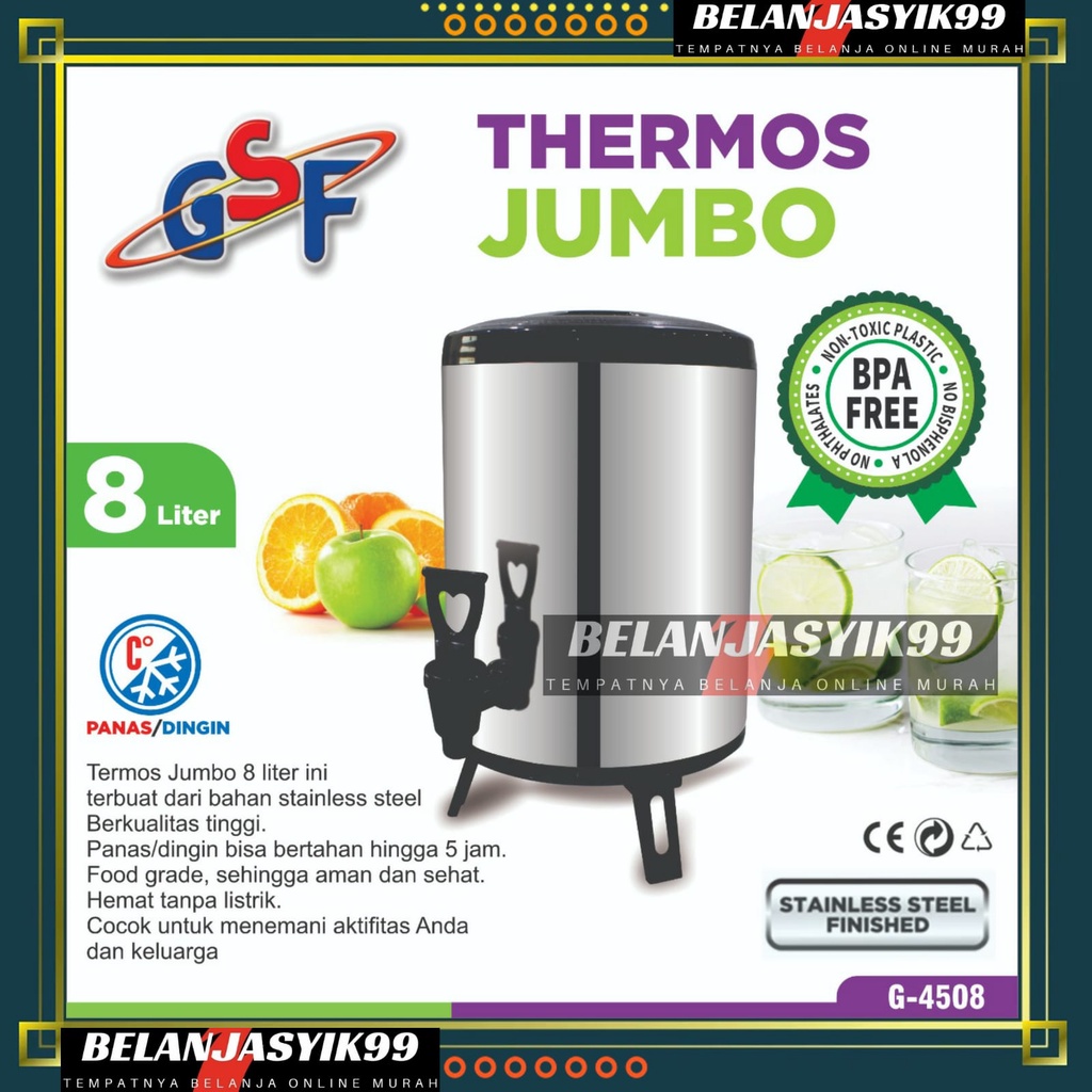 THERMOS JUMBO 8 LITER GSF G-4508 / WATER JUG MILK TEA BUCKET TERMOS TUAS KERAN KAPASITAS BESAR STAINLESS STEEL 8 LITER 8L 8 L 8LITER GSF 4508 DRINK JAR / THERMOS TEMPAT MINUM TEH KOPI / TERMOS JUMBO GSF G-4508