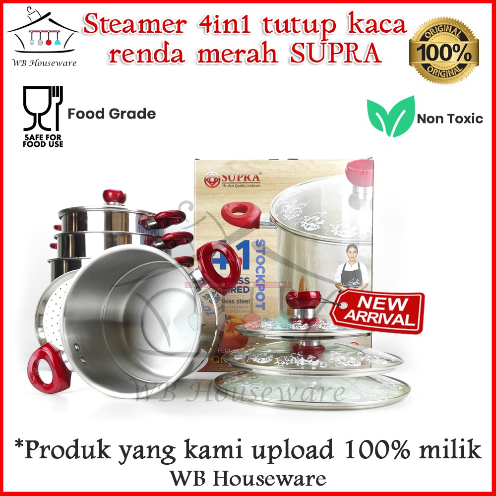 panci dalam tutup kaca merah stainless supra / steamer 4 in 1 tutup kaca renda