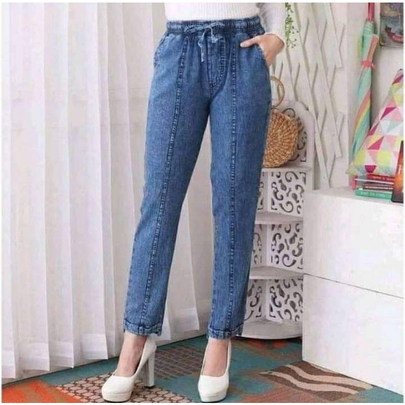 Baggy jeans wash snow bahan adem pinggang karet tali aktif allsize