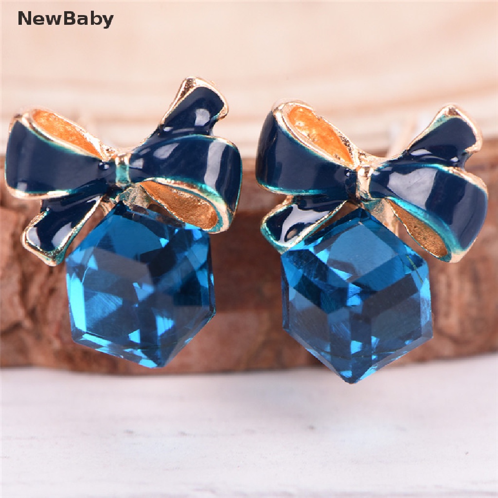 Anting Tusuk Desain Pita Enamel Hias Kristal Berlian Imitasi Warna Biru Untuk Wanita