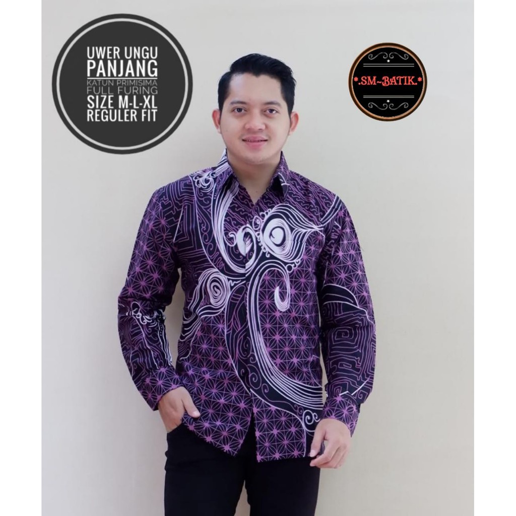 Uwer Ungu Kemeja Batik Pria Modern Lengan Panjang Terbaru - Baju Hem Batik Pria Cowok Kondangan Pest