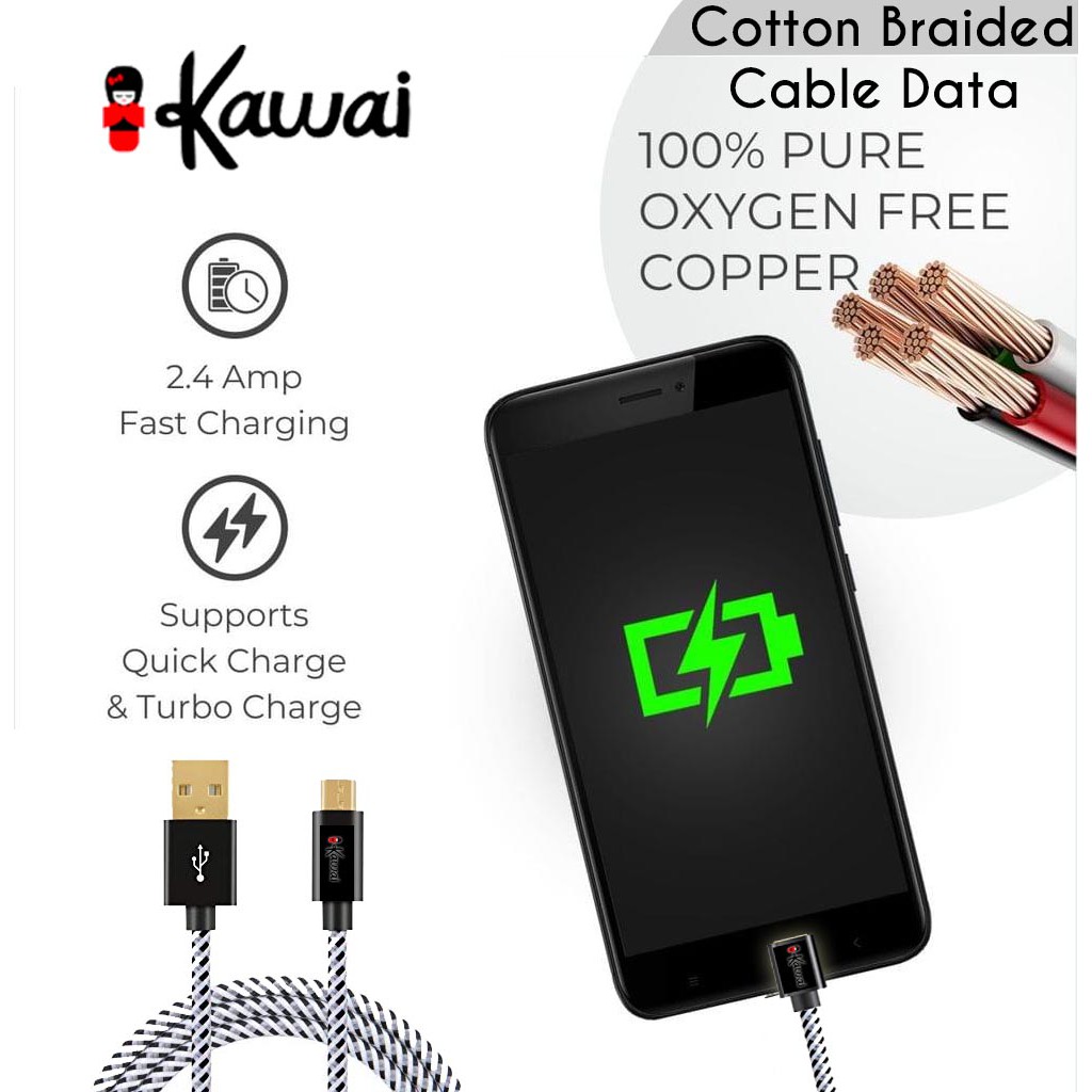 iKawai Braided Cotton Kabel Data MicroUSB Type C Iphone Lightning QC3.0 Fast Charging 3.2A IKKCC200