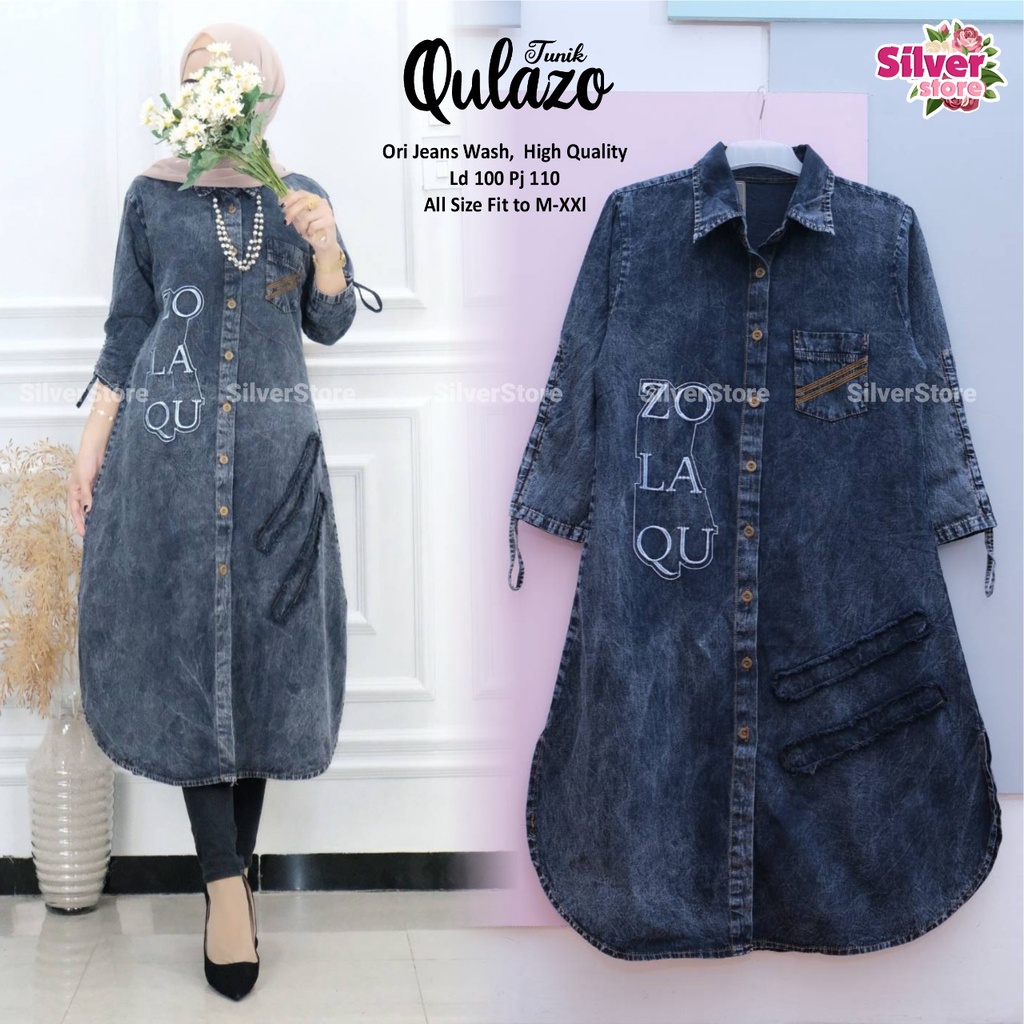 TUNIK JEANS PANJANG LD100 / LONG TUNIK JEANS / TUNIK BUSUI / TUNIK BORDIR / ATASAN WANITA / TERBARU