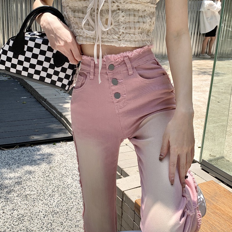 Celana Jeans Gaya Korea Pink Raw Edge Slim Jeans Wanita Musim Panas Bagian Tipis Kecil Semua Cocok P