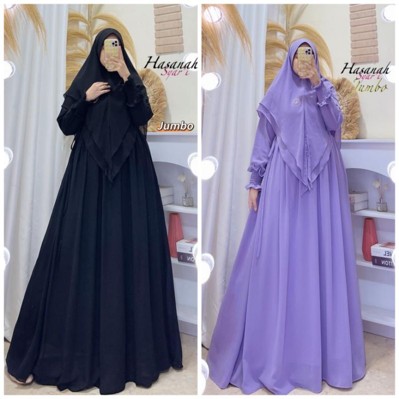 Gamis syar'i HASANAH jumbo bahan ceruty babydoll premium full furing/ gamis busui/ resleting depan