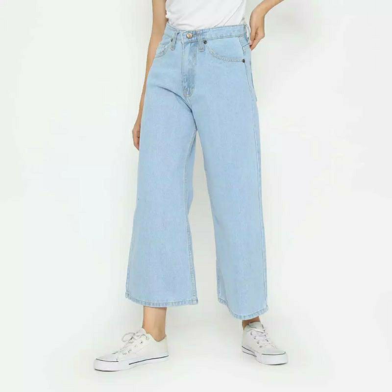 Kulot Grey Jeans Denim Wanita Celana Highwaist Unfinished Panjang Biru Muda