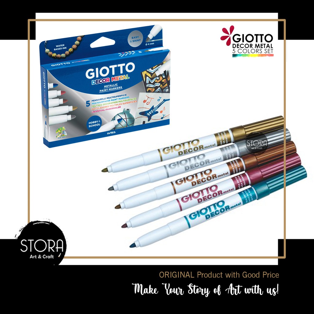

Giotto Decor Metallic Set isi 5 / Spidol permanent metal Lukis Spidol Pewarna Kain Kayu Plastik Batu