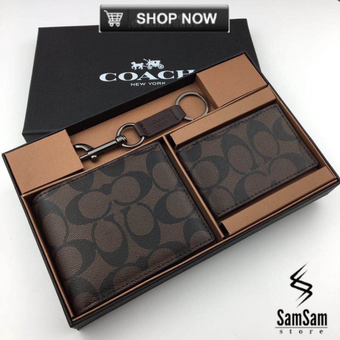 Coach Wallet Compact Id In Signature Canvas Mahogany Brown- F74993