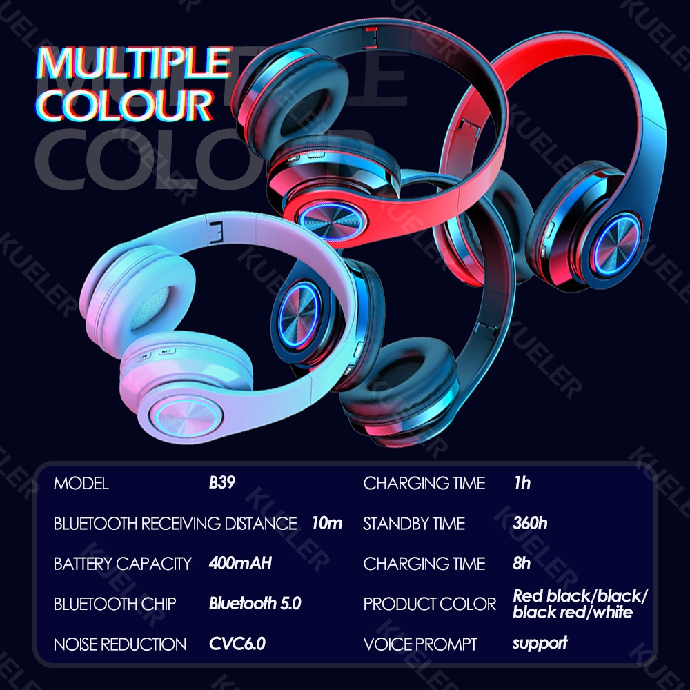 Headset Bluetooth Lampu LED Warna-warni B39 Henset Bloetooth HiFi Stereo Headphone Bluetooth dengan Mikrofon Mendukung Panggilan HD Kartu SD AUX Earphone Bluetooth