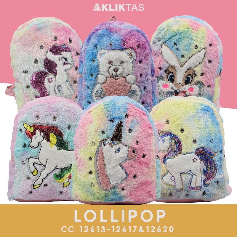 [KLIKTAS] Tas Anak Perempuan Lampu Bulu -  Tas Ransel Backpack Lollipop CC 12613 - Tas Ransel Anak TK SD Sekolah