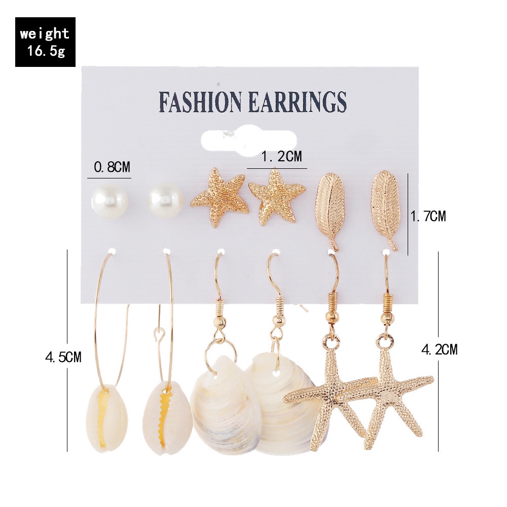 6 Pasang Anting Tusuk Motif Bintang Laut / Kerang / Mutiara Untuk Wanita