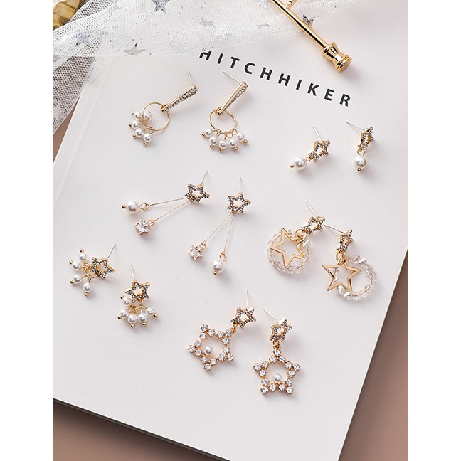 LRC Anting Tusuk Fashion Size Star Star Crystal Circle 925 Silver Pin Stud Earrings F48306