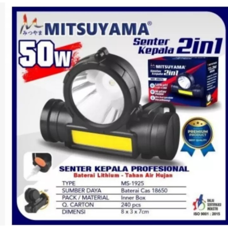 COD Senter Kepala LED Rechargeable Headlamp Mitsuyama 50W MS-1925 CAHAYA PUTIH 50 WATT