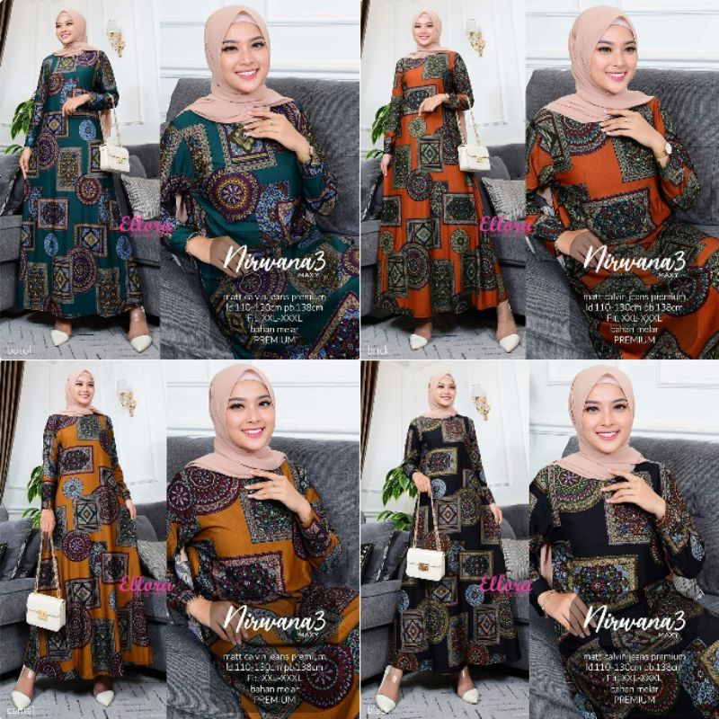 Ranting Nirwana 3 Gamis Wanita Calvin Jeans Maxy Tebal Adem Melar Ibu Jumbo Motif Bunga Gradasi
