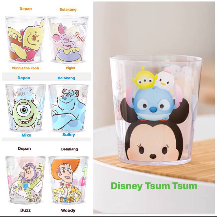 GELAS TSUM TSUM TOY STORY BUZZ WOODY MIKE SULLEY WINNIE THE POOH PIGLET MICKEY MINNIE GLASS