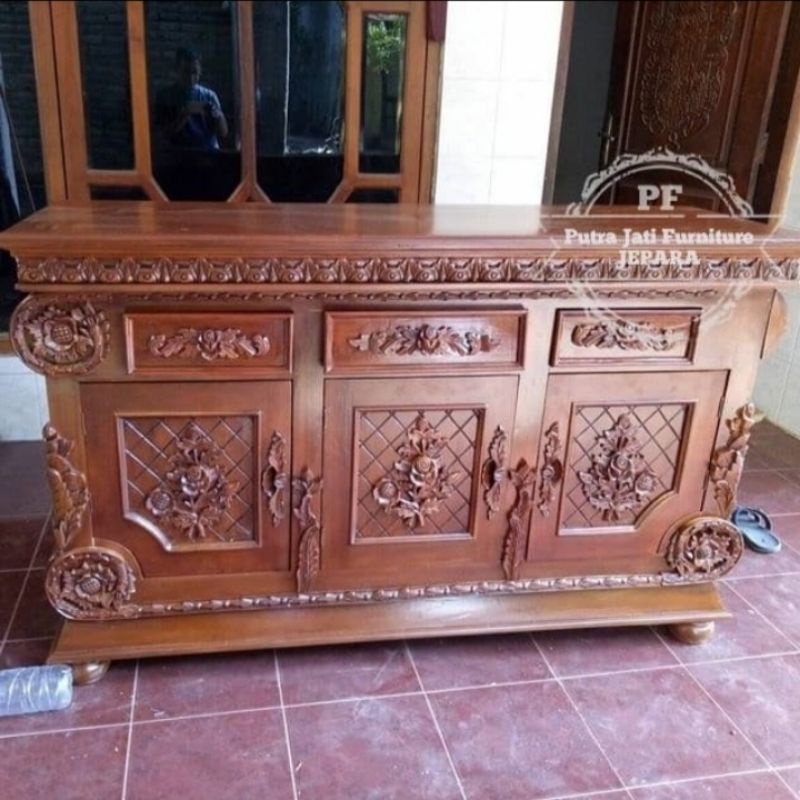 Bufet ukir Jepara kayu jati - Meja Tv Lemari sekat mebel Jepara