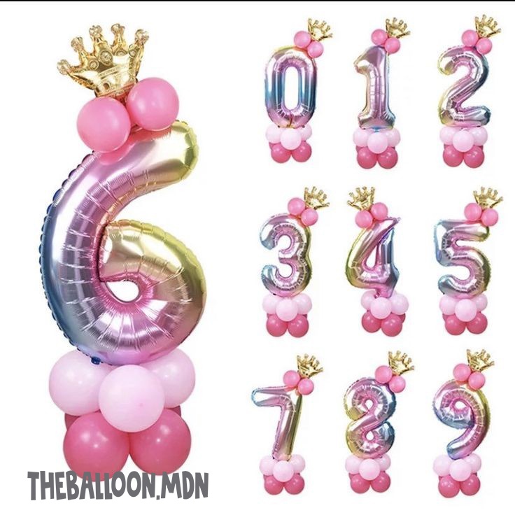 Balon Paket Angka Crown Rainbow 80cm / Balon Angka