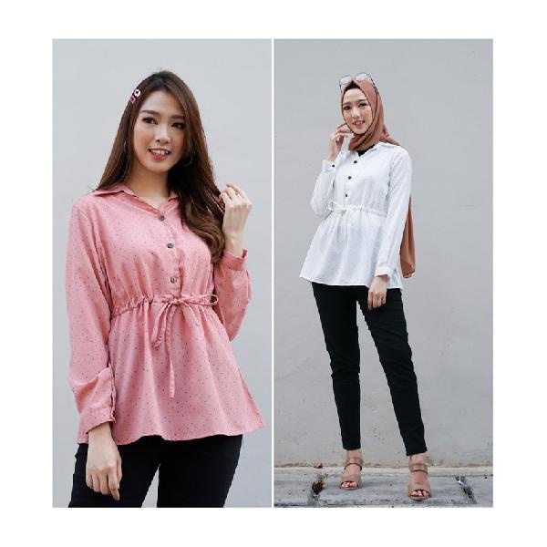 terlaris Monica Polkadot blouse atasan kerah Kemeja serut wanita 2278 - Putih Polka ready