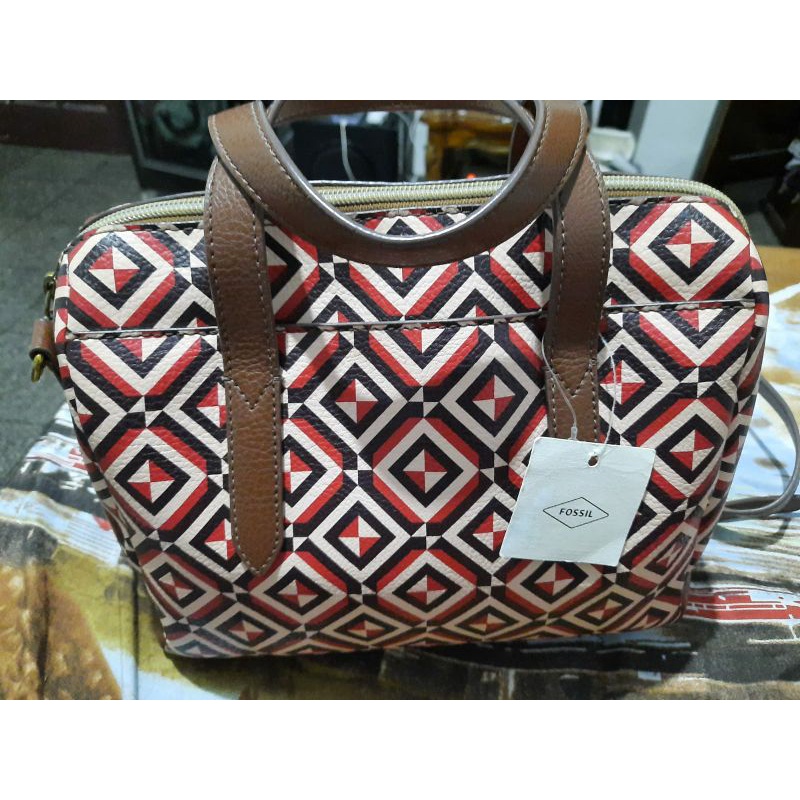 Tas Fossil Sydney Satchel Red Multi Authentic Preloved