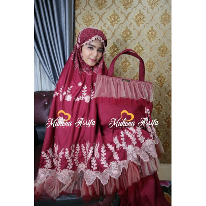 mukena bordir bukittinggi padang handmade rimpel tile maroon assifa 01