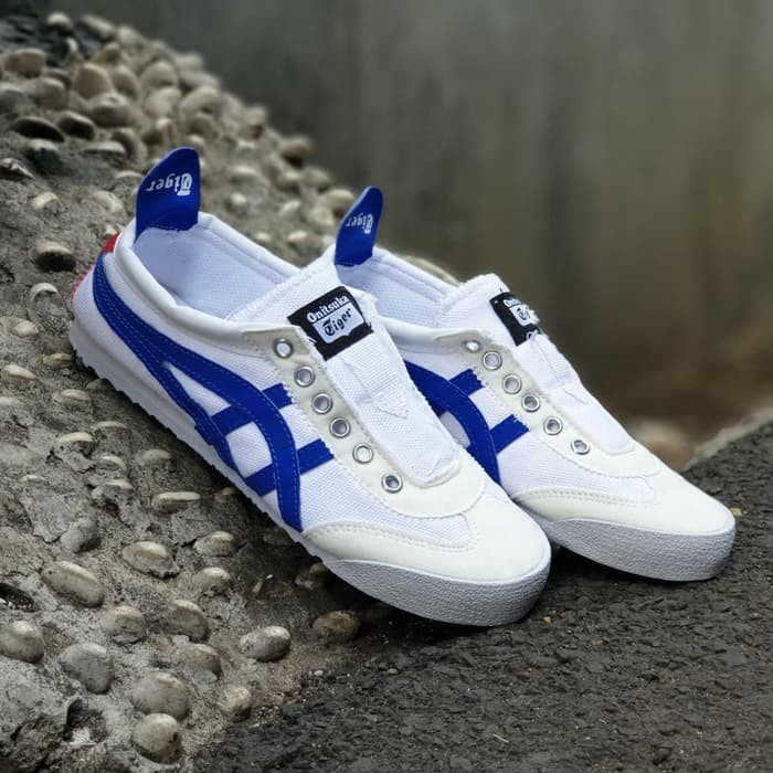 Sepatu Wanita Asics Onitsuka Tiger Slip On Putih Lis Biru Replika