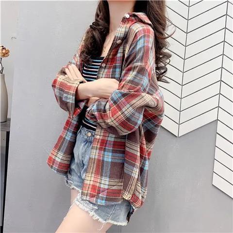 Korean blouse tartan kaos wanita Lengan panjang