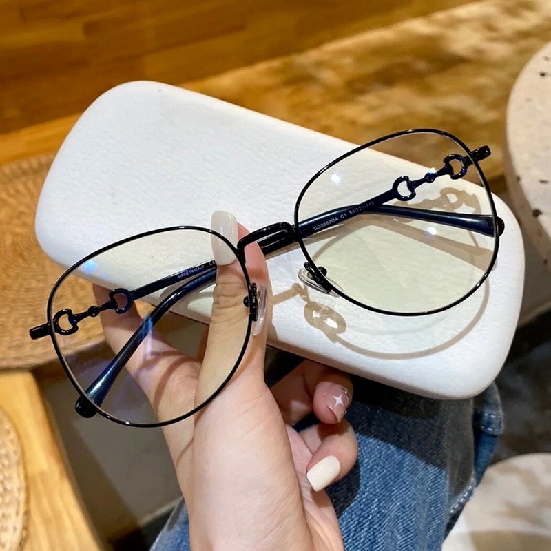 (YUZHU) COD Fashion Baru Logam Anti Blue Light Horsebit Desain Aviator Glasses Perempuan