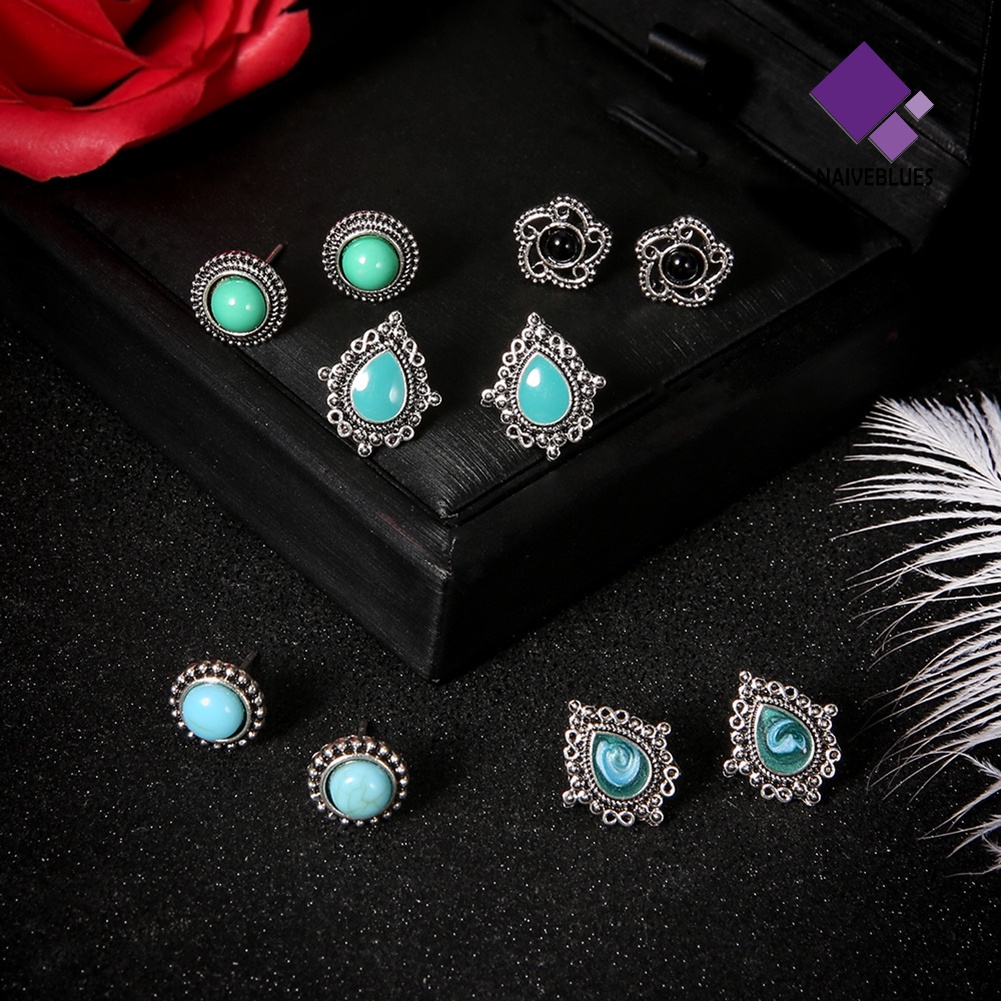 Naiveblue 5 Pasang Anting Tusuk Gantung Desain Tetesan Air Hias Turquoise Imitasi Gaya Bohemia Untuk Wanita