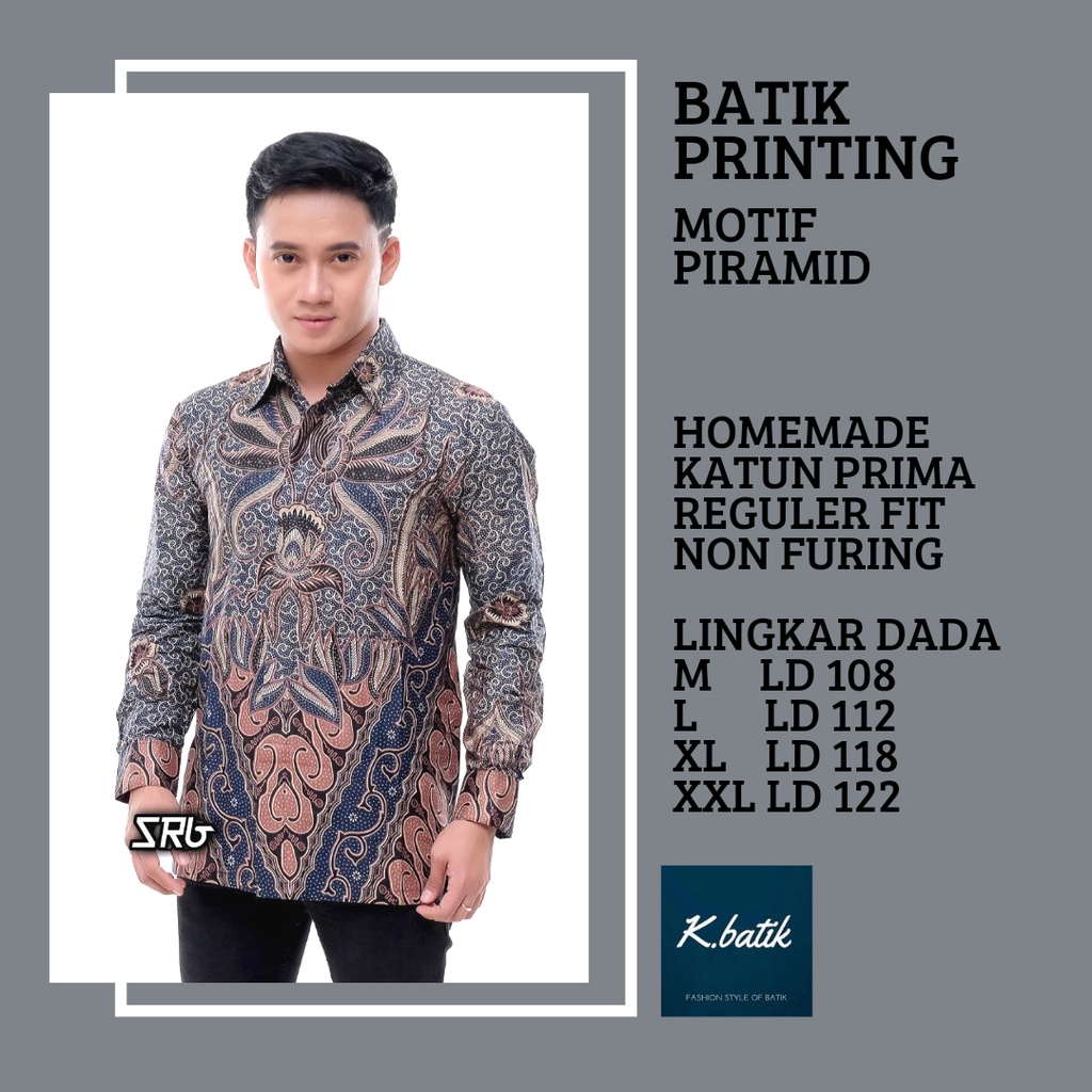 KEMEJA BATIK PRIA LENGAN PANJANG BATIK MODERN MOTIF PIRAMID NAVI SIZE M L XL XXL  KHARISMA BATIK