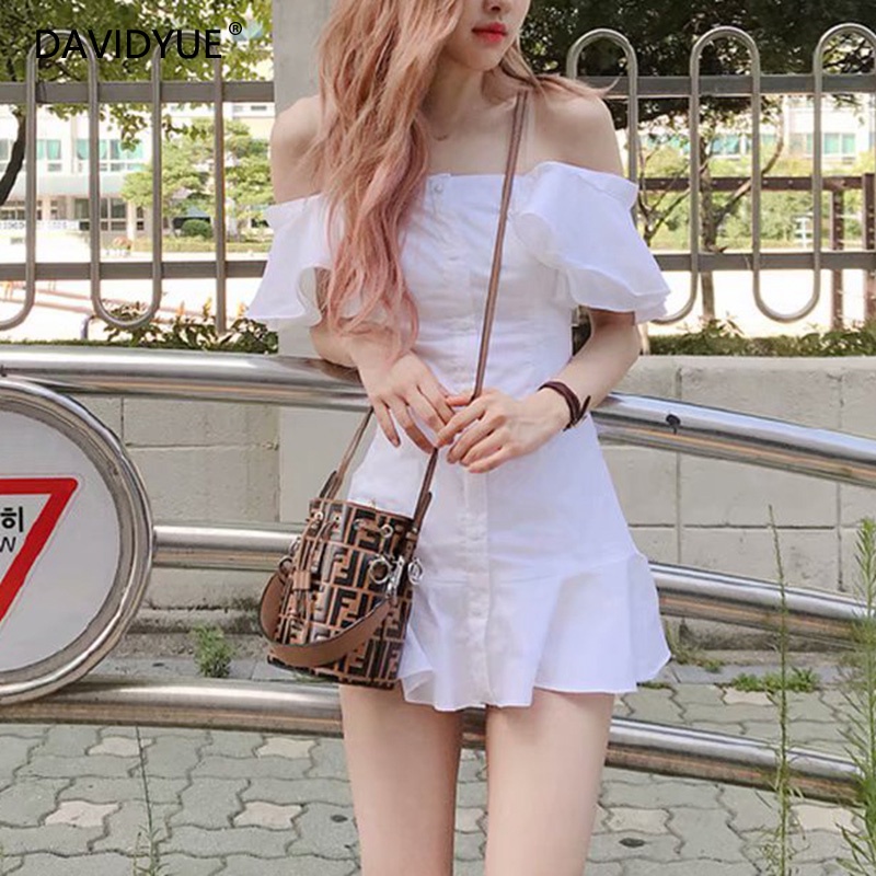 2022 Summer boho off shoulder dress women buttions ruffle sexy vintage white beach dress elegant kor